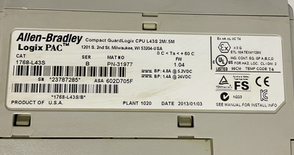 ALLEN BRADLEY 1768-L43S GUARDLOGIX CPU SER.B FW1.04 24VDC
