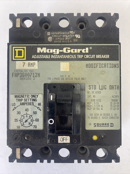 SQUARE D FHP3600712M MAG-GARD CIRCUIT BREAKER SER 2 600VAC 7AMP 3POLE ADJUSTABLE