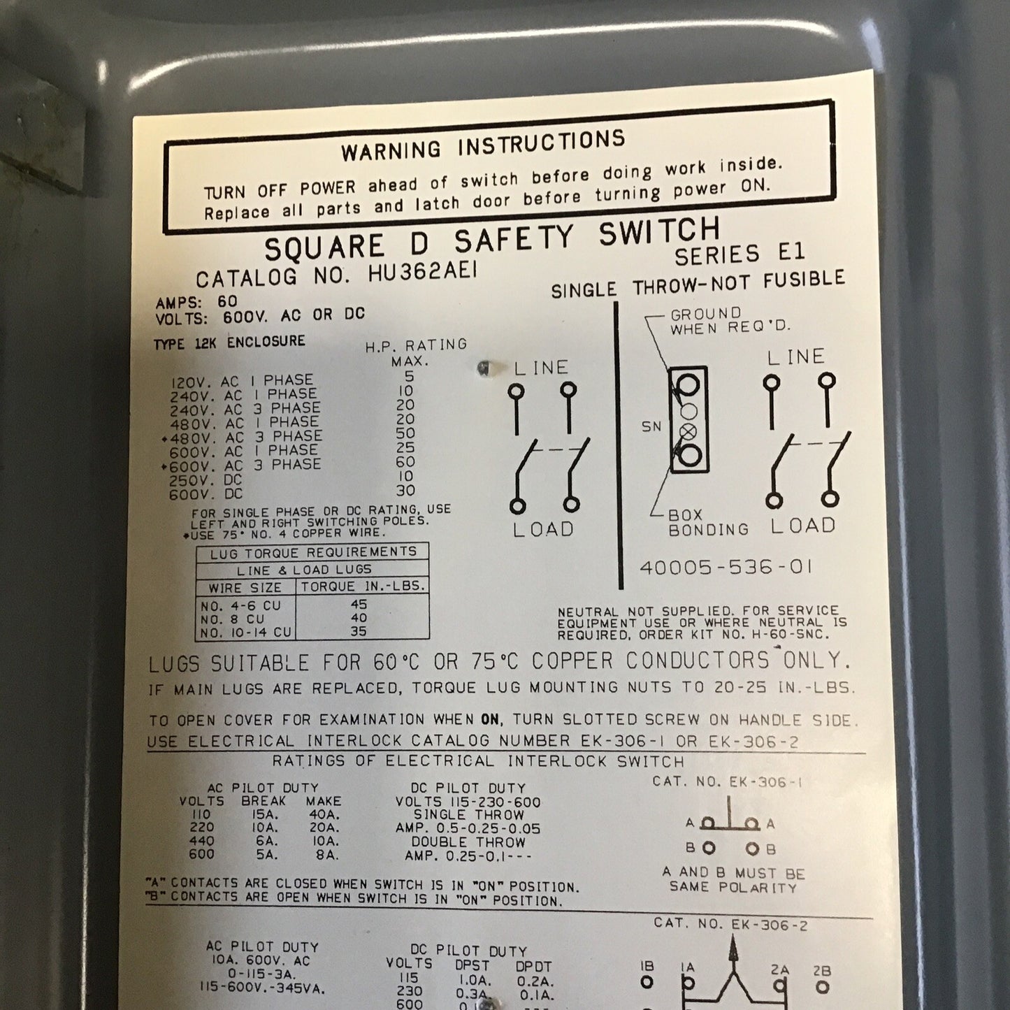 SQUARE D HU362AEI SAFETY SWITCH SER.E1 60A  NON FUSIBLE 600VAC/VDC 240VAC