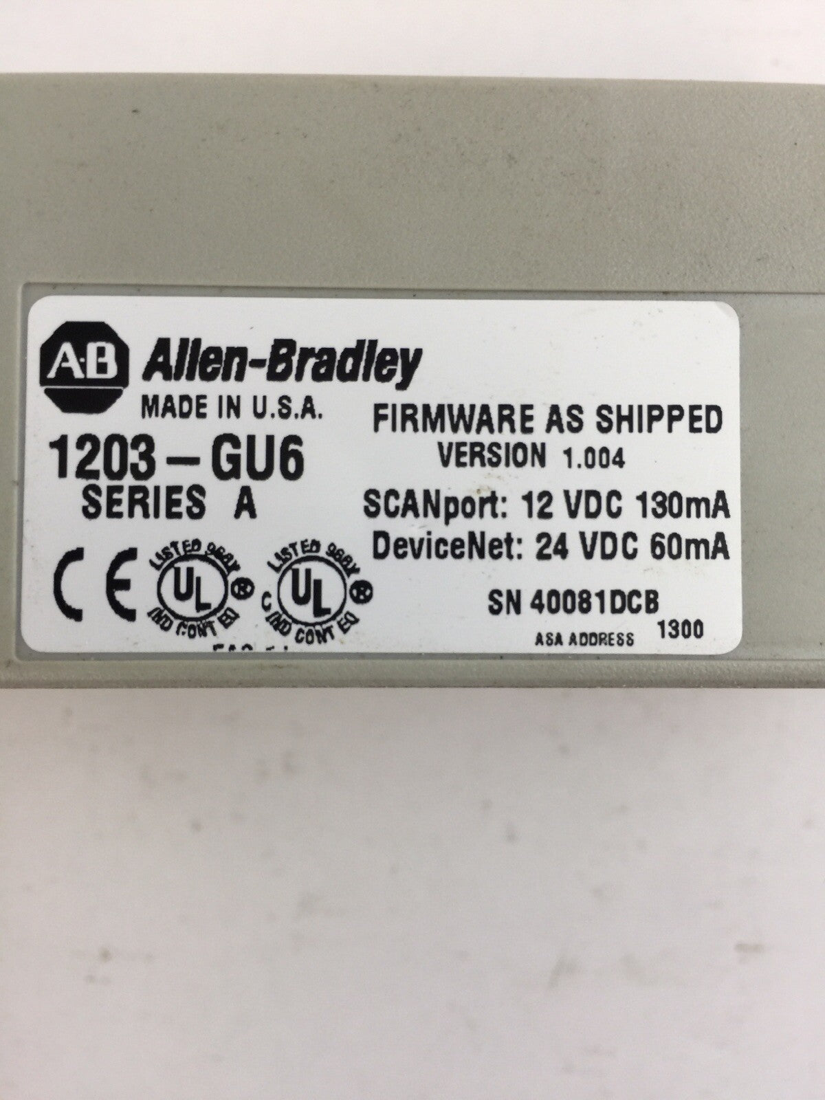 ALLEN BRADLEY 1203-GU6 SER A FIRMWARE AS SHIPPED VERSION 1.004 DEVICENET 24VDC