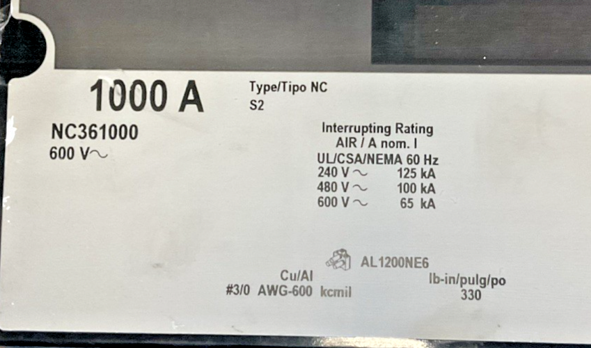 SQUARE D NC361000 600VAC/65kA CIRCUIT BREAKER INTERRUPTOR