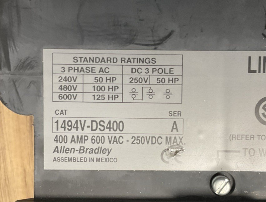 ALLEN BRADLEY 1494V-DS400 DISCONNECT SWITCH 400A 600VAC 250VDC SER.A