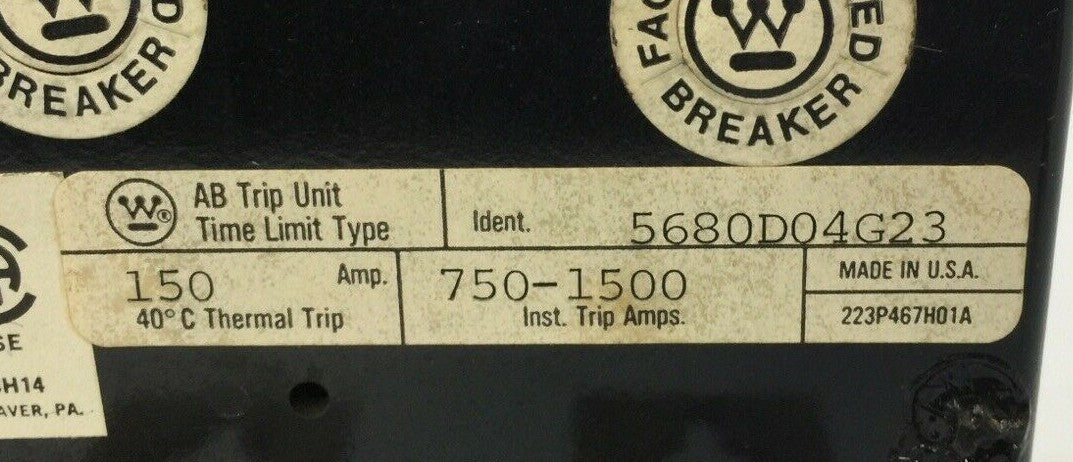 WESTINGHOUSE 5680D04G23 TRIP UNIT 150A 3POLE MAG TRIP ADJ 750-1500A