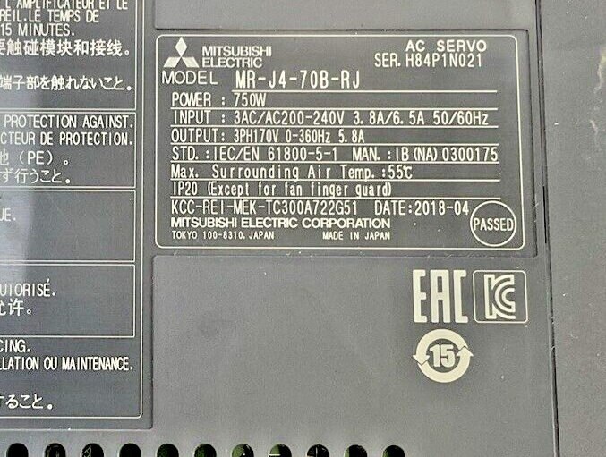 MITSUBISHI MR-J4-70B-RJ SERVO DRIVE MODULE 750W 240VAC 8/6.5A 50/60HZ