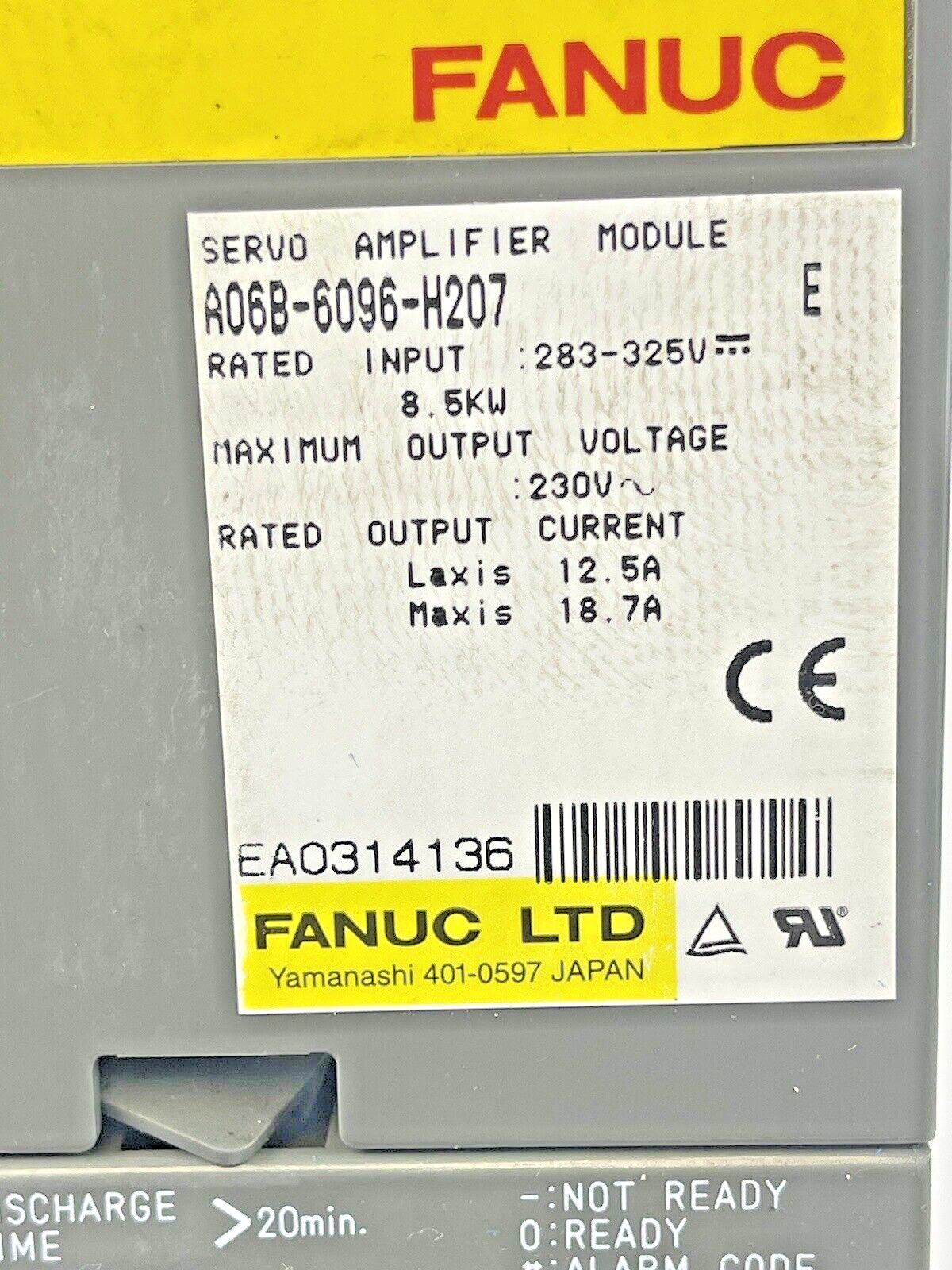 FANUC - A06B-6096-H207 SER. E - SERVO AMPLIFIER MODULE - 283-325V, 8.5kW, 12.5 A