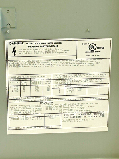 EATON - DH361UGK SER. B - HD SAFETY SWITCH - 30A/ 600VAC/250DC / 3 POLE/ TYPE 1