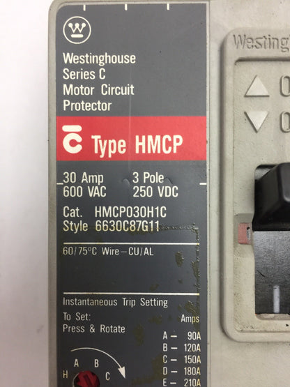 WESTINGHOUSE HMCP030H1C MOTOR CIRCUIT PROTECTOR 30AMP 600VAC 250VDC 3 POLE SER C