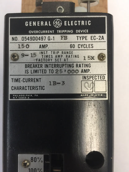 GE 0549D0497 G-1 OVERCURRENT TRIPPING DEVICE TYPE EC-2A 150 AMP 60 CYC