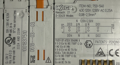 WAGO 753-540 DIGITAL OUTPUT MODULE 120V/230VAC 0.25A 4DO