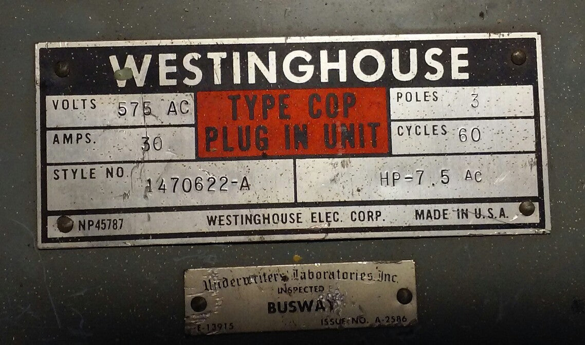 WESTINGHOUSE (plug in unit) 1470622-A 30A 575V 3 pole type COP