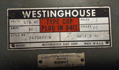 WESTINGHOUSE (plug in unit) 1470622-A 30A 575V 3 pole type COP