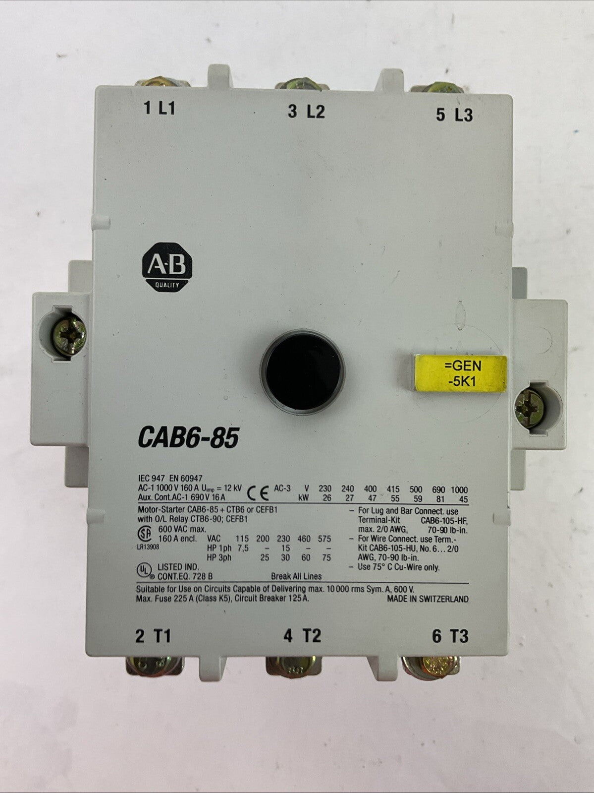 ALLEN BRADLEY CAB6-85 CONTACTOR 600VAC 160A 3PH 75HP COIL 230V 50/60HZ