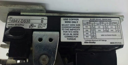 ALLEN BRADLEY 1494V-DS30 SER. B, FUSIBLE SWITCH, 3PH, 3P, 30A, 600V