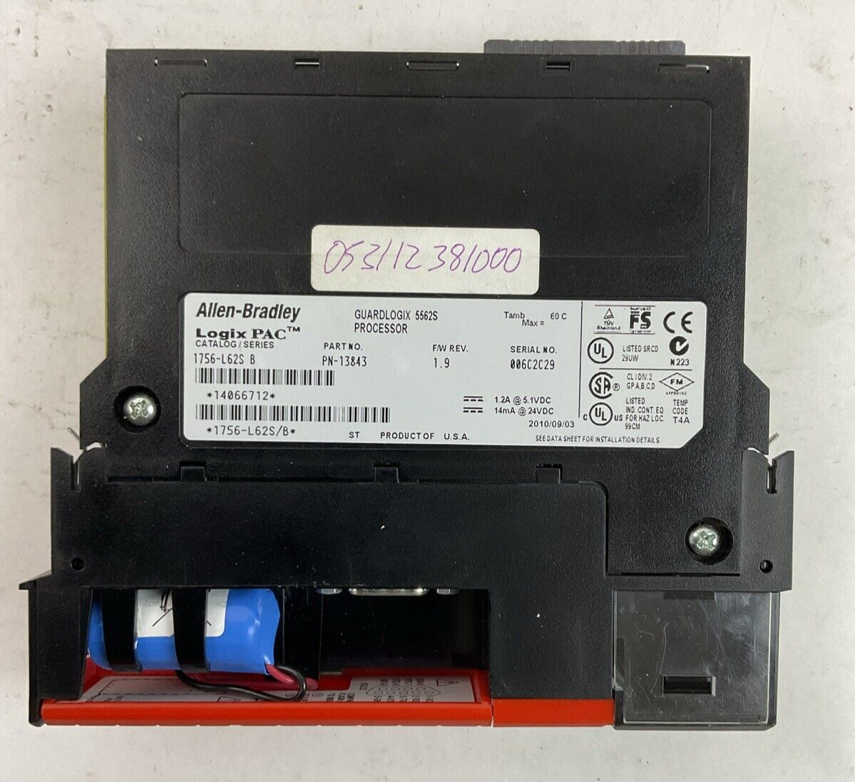 ALLEN BRADLEY 1756-L62S SER B F/W REV 1.9 GUARDLOGIX 5562S PROCESSOR *NO KEY*