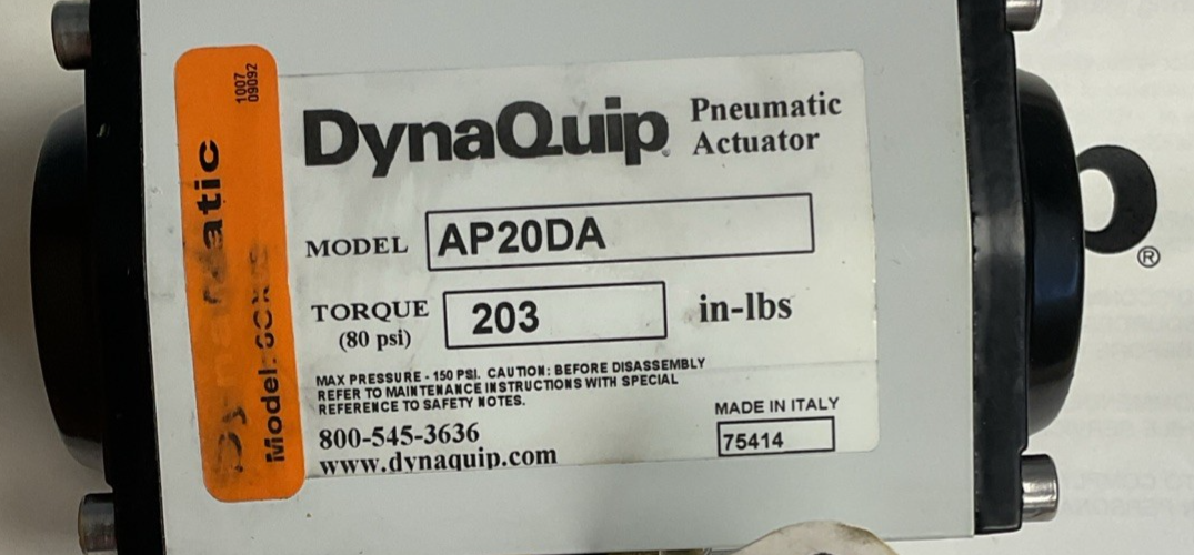 DYNAQUIP AP20DA PNEUMATIC BALL VALVE