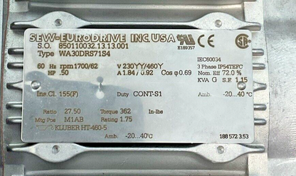 SEW-EURODRIVE WA30DRS71S4 GEAR MOTOR 1700/62RPM DUTY:CONT-S1  HP .50 RATIO 27.50