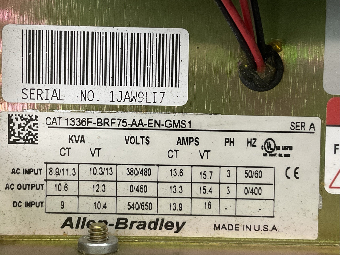 ALLEN BRADLEY 1336F-BRF75-AA-EN-GMS1 SER A 1336 PLUS II SENSORLESS VECTOR DRIVE