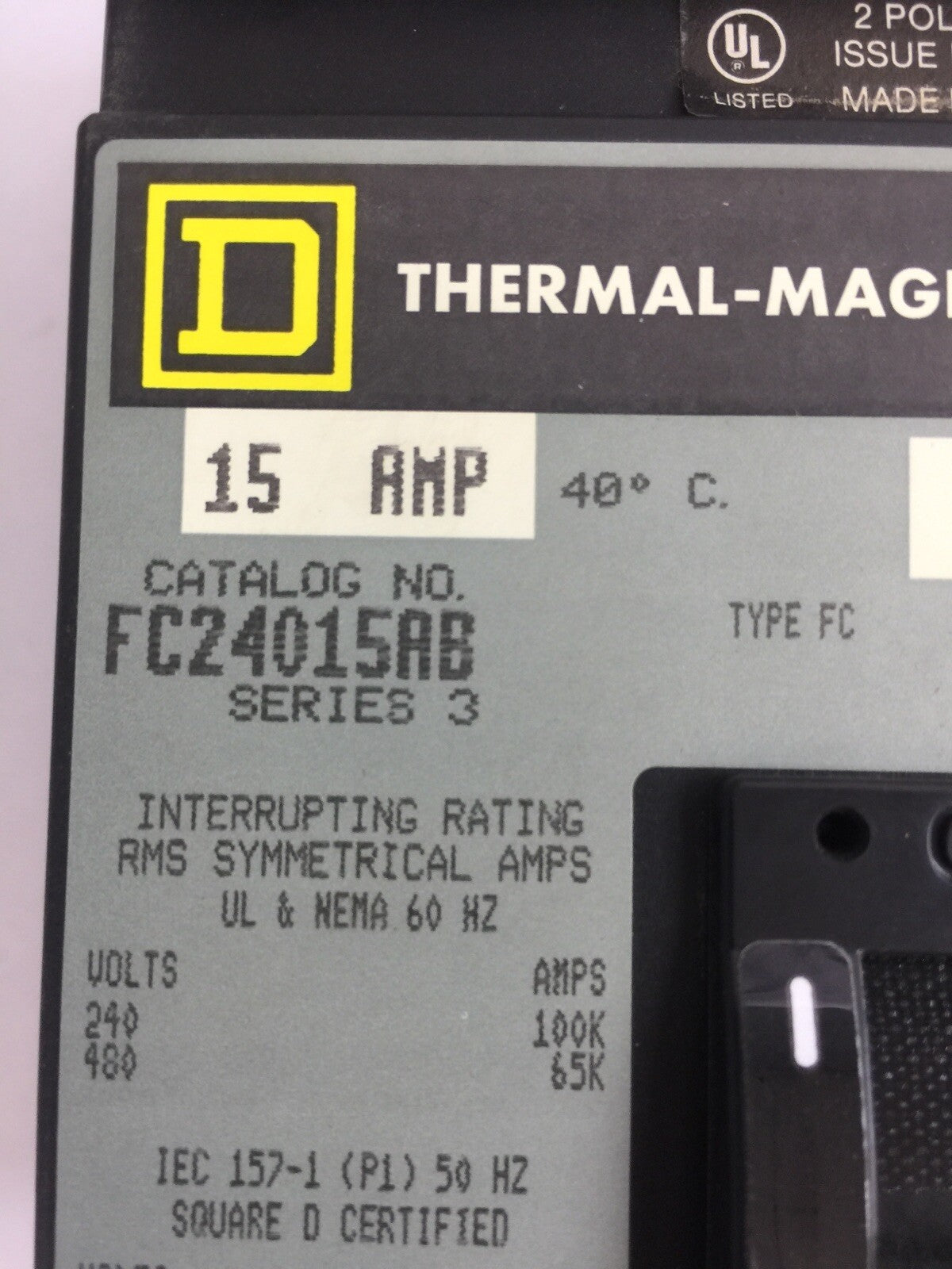 SQUARE D FC24015AB THERMAL-MAGNETIC CIRCUIT BREAKER SERIES 3 15AMP 2POLE 480VAC