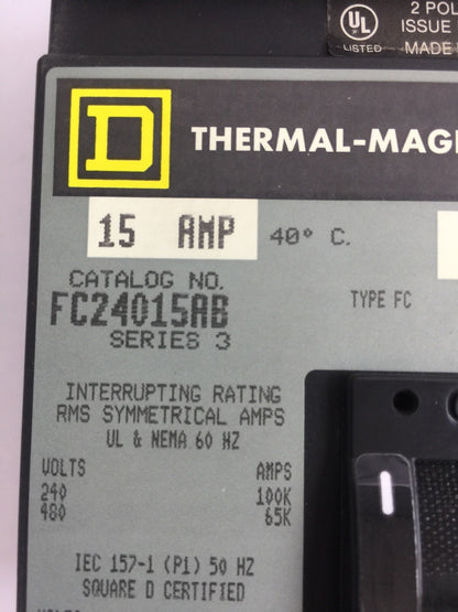 SQUARE D FC24015AB THERMAL-MAGNETIC CIRCUIT BREAKER SERIES 3 15AMP 2POLE 480VAC
