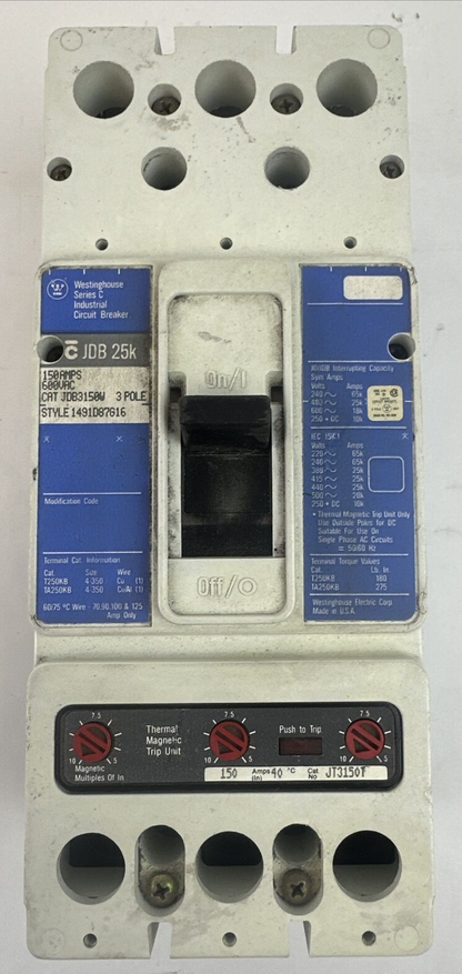 WESTINGHOUSE JDB3150W CIRCUIT BREAKER 3POLE 150AMP 600VAC JT3150T