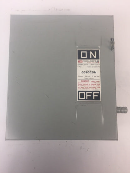 FPE H3632SN FUSIBLE SAFETY SWITCH 240VAC 250VDC 60AMP 15HP 3PH 3 POLE TYPE 1