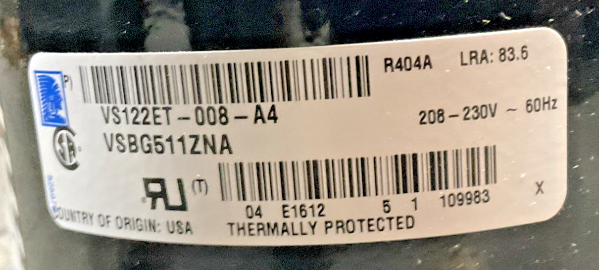 TECUMSEH VS122ET-008-A4 COMPRESSOR 230VAC 1PH VSBG511ZNA 60HZ R404A LRA83.6