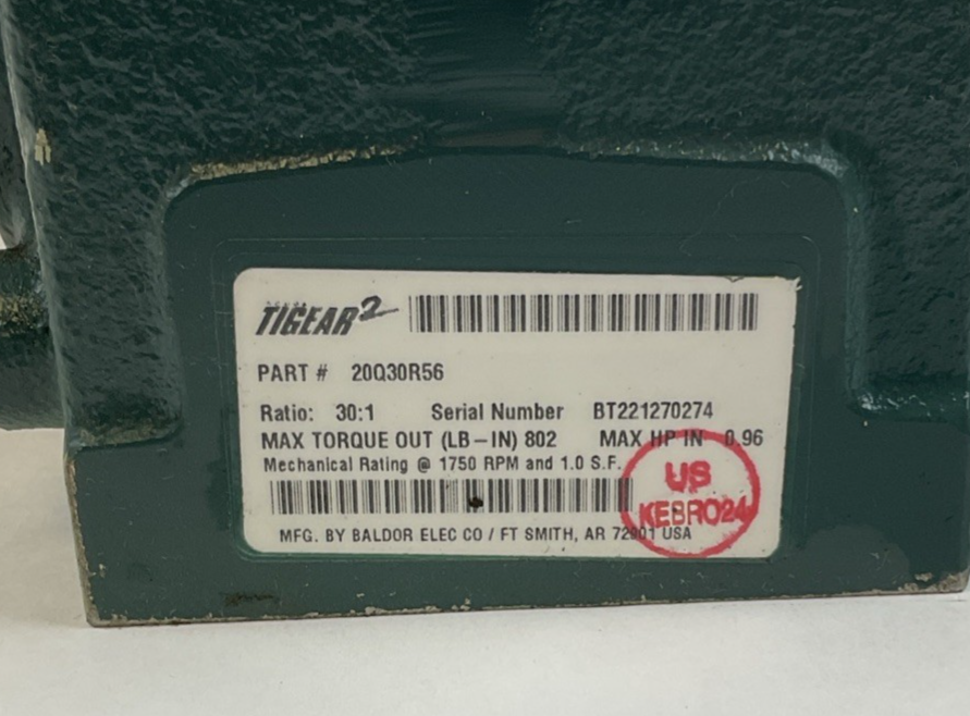 DODGE TIGEAR 20Q30R56 GEAR REDUCER 30:1 1750RPM 0.96HP W/GASKET AND BOLTS