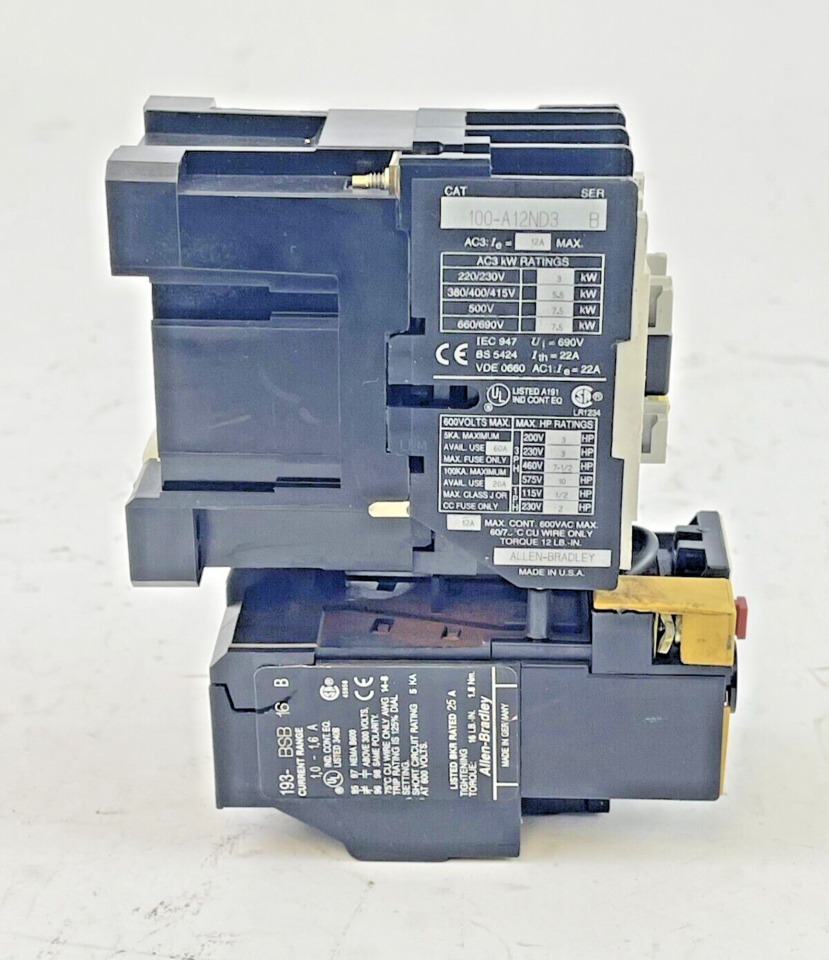 ALLEN BRADLEY -100-A12ND3 SER. B CONTACTOR W 120V COIL & 193-BSB 16 SER. B RELAY