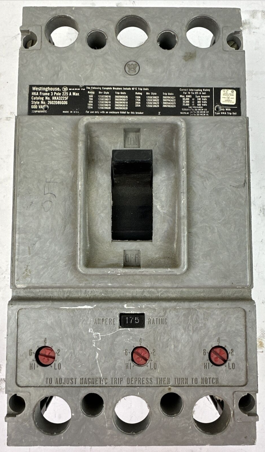 WESTINGHOUSE HKA3225F 600VAC 3P 225A FRAME 2602D86G06 CIRCUIT BREAKER TRIP 175A
