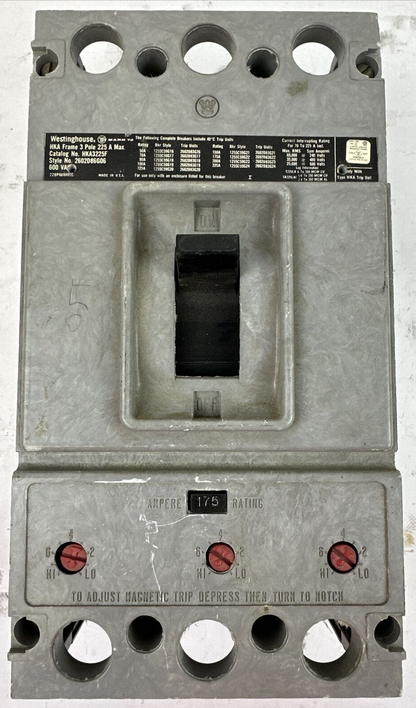 WESTINGHOUSE HKA3225F 600VAC 3P 225A FRAME 2602D86G06 CIRCUIT BREAKER TRIP 175A