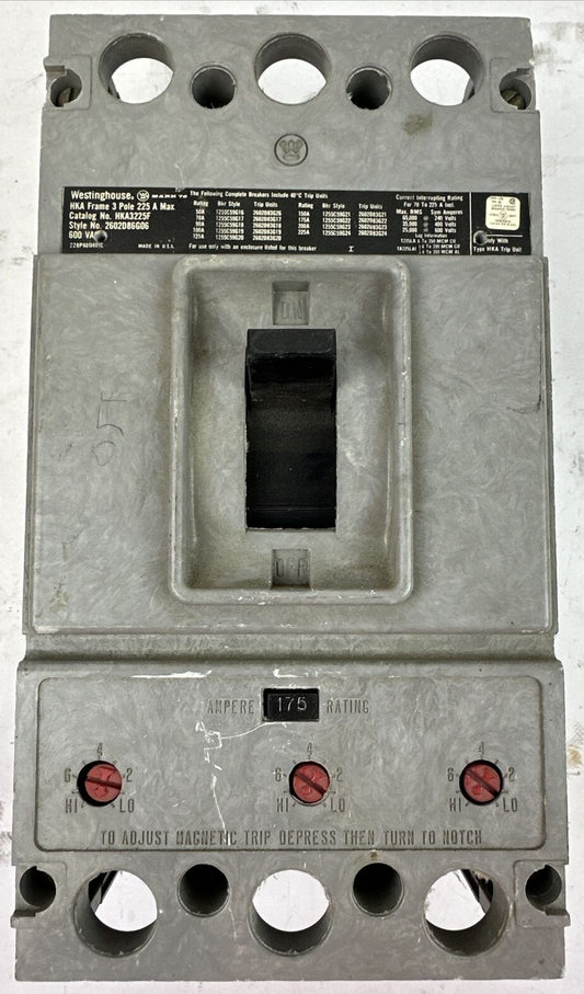 WESTINGHOUSE HKA3225F 600VAC 3P 225A FRAME 2602D86G06 CIRCUIT BREAKER TRIP 175A