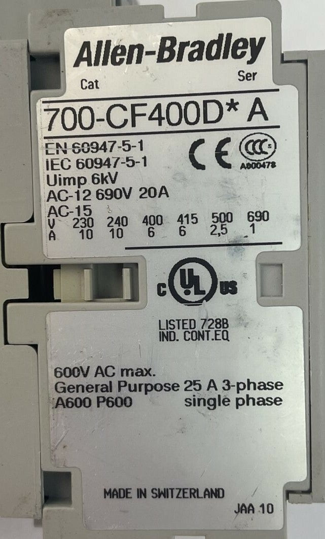 ALLEN BRADLEY 700-CF400D* CONTACTOR  SER A 600VAC 25A COIL 24VDC 100-S SER B