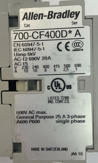 ALLEN BRADLEY 700-CF400D* CONTACTOR  SER A 600VAC 25A COIL 24VDC 100-S SER B