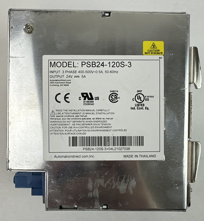 RHINO PSB24-120S-3 INDUSTRIAL POWER SUPPLY OUTPUT 24VDC 5A INPUT 400-500VAC 0.5A
