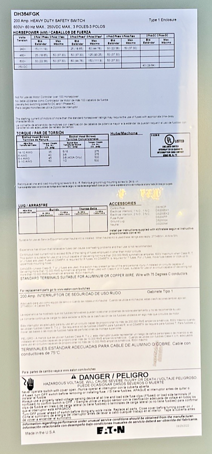 EATON DH364FGK FUSIBLE SAFTEY SWITCH 200A 600VAC 60HZ 250VDC 3P TYPE 1