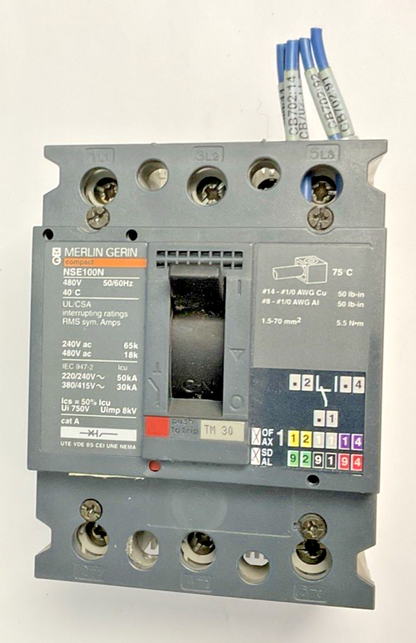 MERLIN GERIN NSE100N NENL34030 CIRCUIT BREAKER 30A 480V *SHUNT WIRE LENGTH VARY*