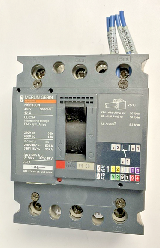 MERLIN GERIN NSE100N NENL34030 CIRCUIT BREAKER 30A 480V *SHUNT WIRE LENGTH VARY*
