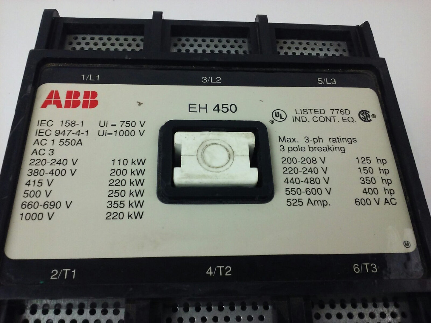 ABB EH450 CONTACTOR,  600V, 3PH, 525A, 400H.P., 3P, 355KW, EH, USED