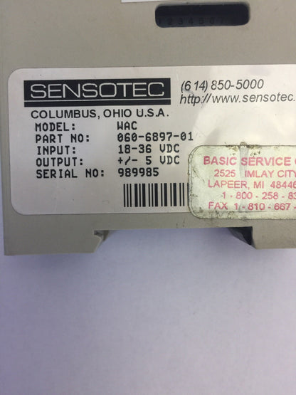 SENSOTEC MODEL WAC PART NO. 060-6897-01 INPUT 18-36VDC OUTPUT +/- 5VDC MODULE