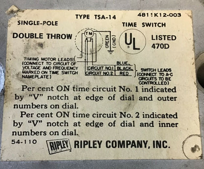 RIPLEY TYPE TSA-14 REPEAT CYCLE TIMER 107CEDD1AEM 30MIN 240VAC 60CYCLES