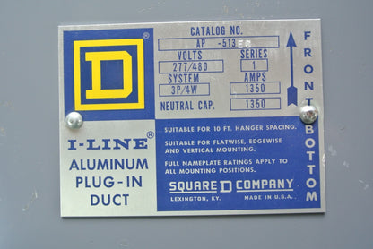 SQUARE D ACP-513EC I-LINE ALUMINUM PLUG-IN DUCT 277/480V, 1350A - NEW SURPLUS