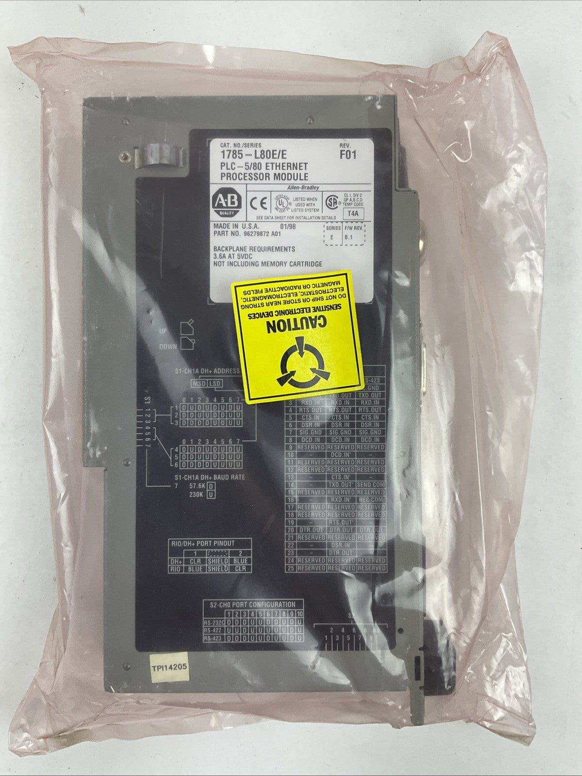 ALLEN BRADLEY 1785-L80E SER E REV F01 F/W REV B.1 PLC 5/80 ETHERNET PROCESSOR