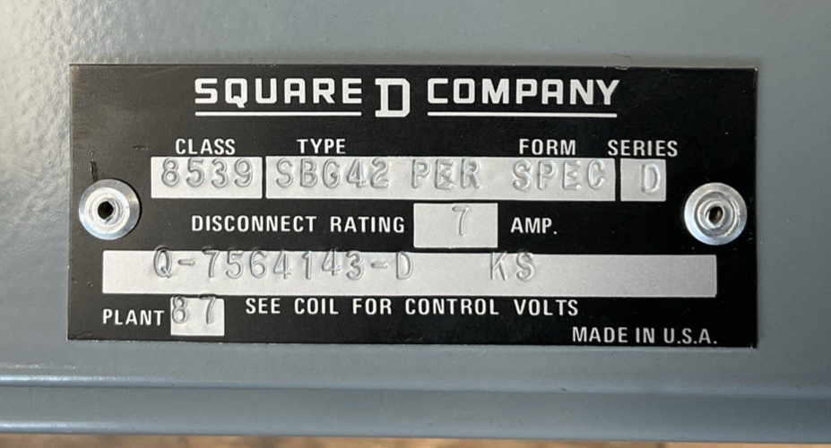 SQUARE D 8539 SBG42 SER D SIZE 0 COMBO STARTER 7AMP COIL 120V 60HZ