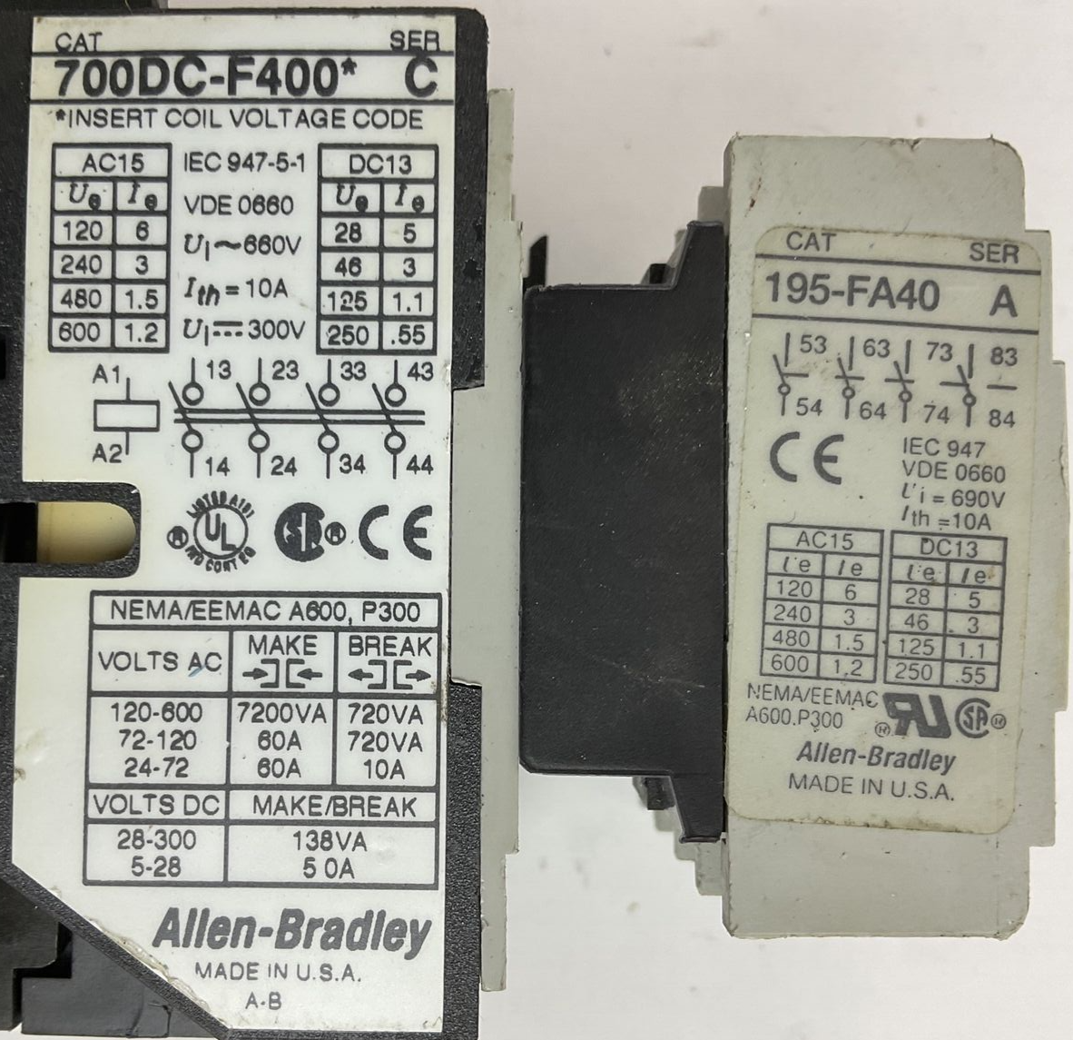 ALLEN BRADLEY 700DC-F400* SER C CONTACTOR 600VAC 300VDC 10A COIL 24VDC 195-FA40