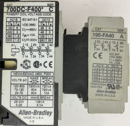 ALLEN BRADLEY 700DC-F400* SER C CONTACTOR 600VAC 300VDC 10A COIL 24VDC 195-FA40