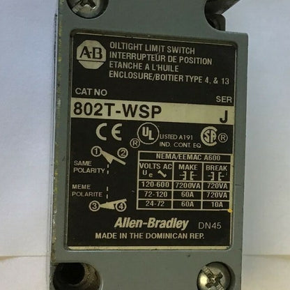 ALLEN BRADLEY 802T-WSP OILTIGHT LIMIT SWITCH  SER.J