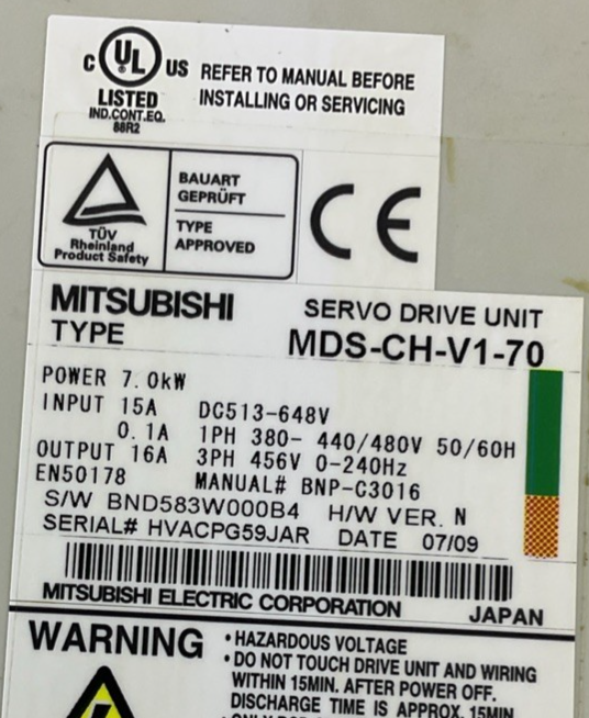 MITSUBISHI MDS-CH-V1-70 SERVO DRIVE UNIT 7KW 648V H/W VER.N 15A 240HZ