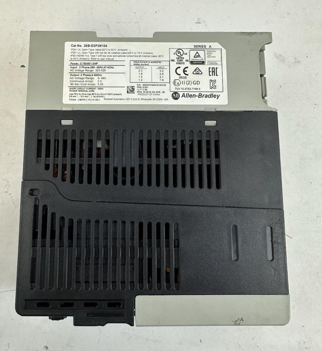 ALLEN BRADLEY 25B-D2P3N104 POWERFLEX 525 FRN:5.001 480V 1HP 2.3A SER.A