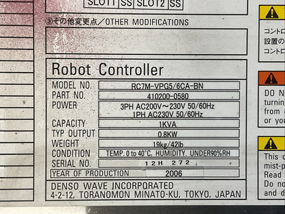 DENSO RC7M-VPG5/6CA-BN ROBOT CONTROLLER SOFTWARE VER 2.336BM 3PH 200-230VAC 1KVA