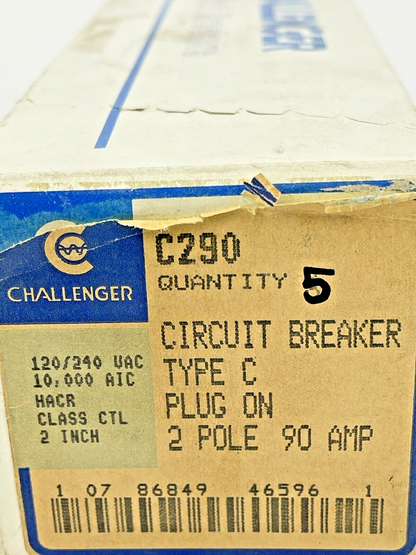 CHALLENGER *BOX OF 5* - C290 - 90A, 2 POLE TYPE C CIRCUIT BREAKERS, 120/240 VAC